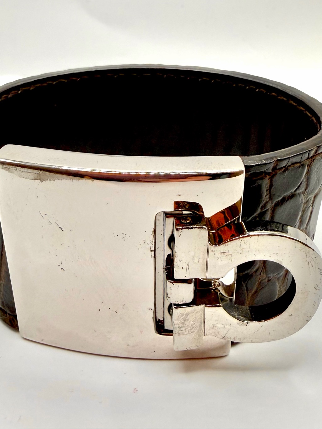 Salvatore Ferragamo Gancini Croc Embossed Brown Bracelet With Silver Buckle